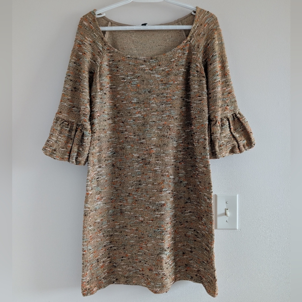 Diane Von Furstenberg Beige Multicolor Knit Tweed-Effect Long Sleeve Dress